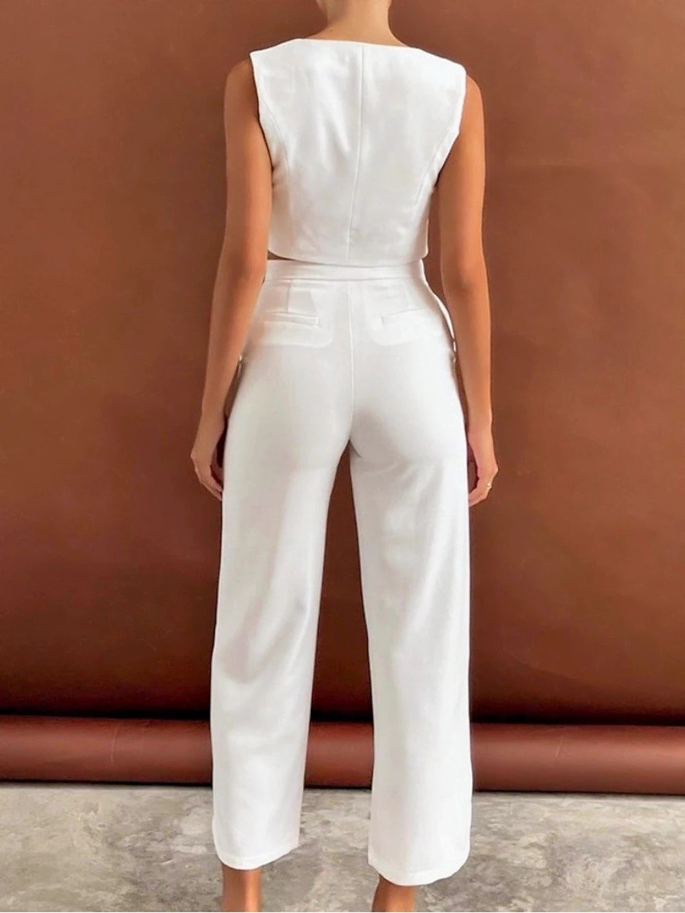 Women's White Wide Leg Pant Set - Picture 3 of 4